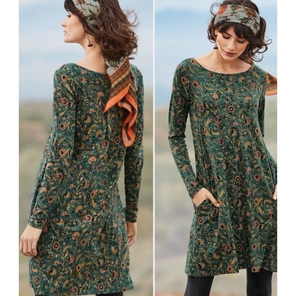 Peruvian Connection Orla Dress Womens Small Green Floral Prairie Cottage Stretch